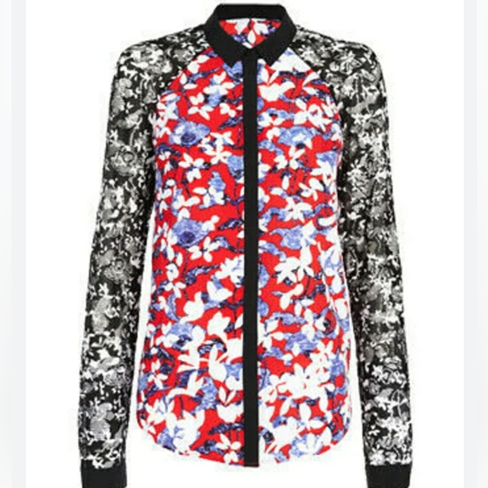 Peter Pilotto Red Floral Collared Shirt Black Lace Sleeves Button Down Medium